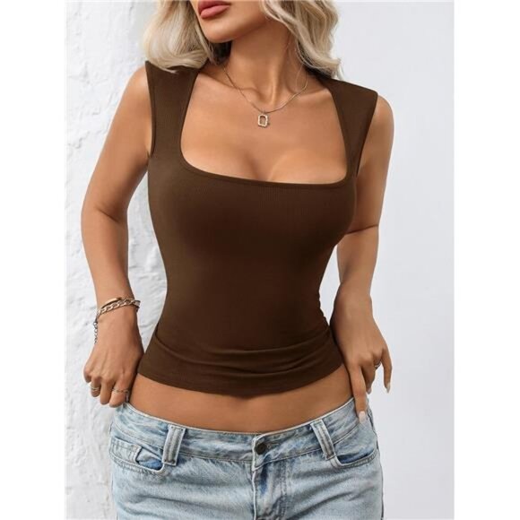 Women's Square Neck Tank Tops Basic Fitted Cami Summer Going Out Top - Picture 2 of 7